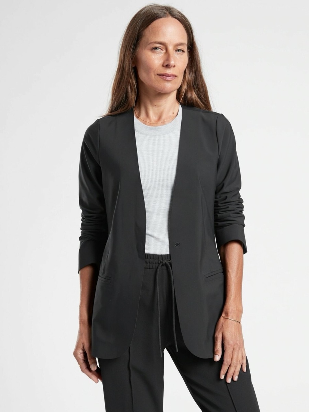 Athleta Avenue blazer one button collarless black blazer women’s size 12